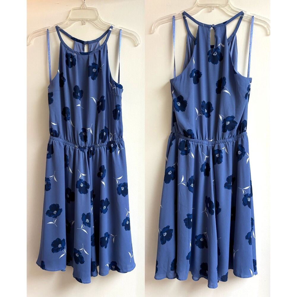 Banana Republic Chiffon Halter XS S Blue Floral Wedding Guest Keyhole Sun Dress - Picture 2 of 10